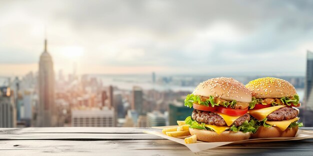 写真 チーズバーガーとフライドポテトと都市風景の背景