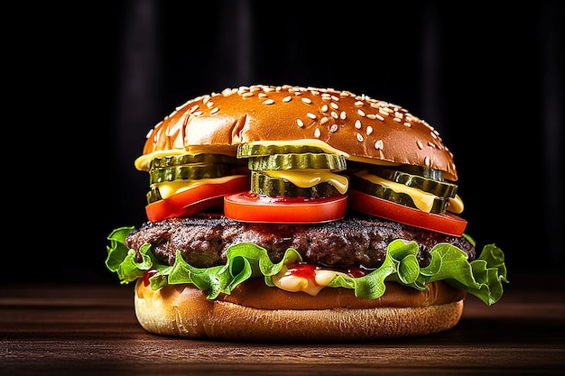 Cheeseburger on black background with grilled meat AI Generative