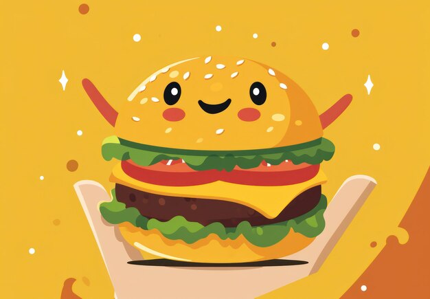 Foto personaggio animato di cheeseburger con espressioni felici, divertenti e carine su uno sfondo di un dolce menu giapponese