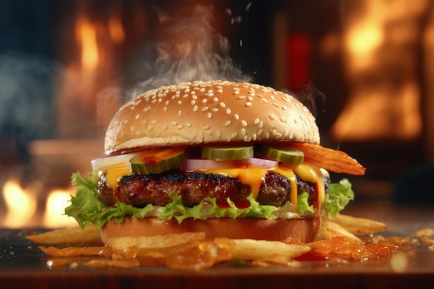 Cheeseburger en friet op een houten tafel