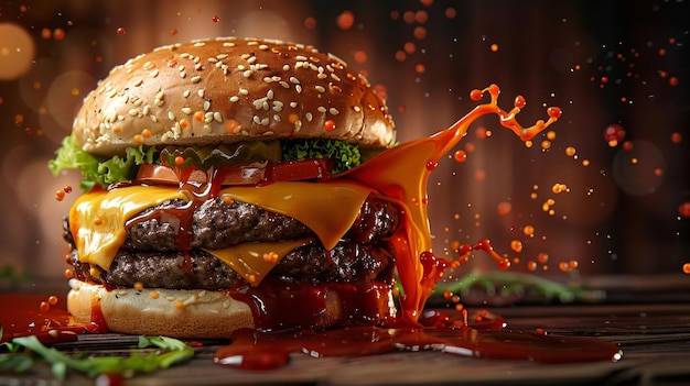 Photo cheeseburger featuring an array of savory ingredients with a tantalizing splash of sauce