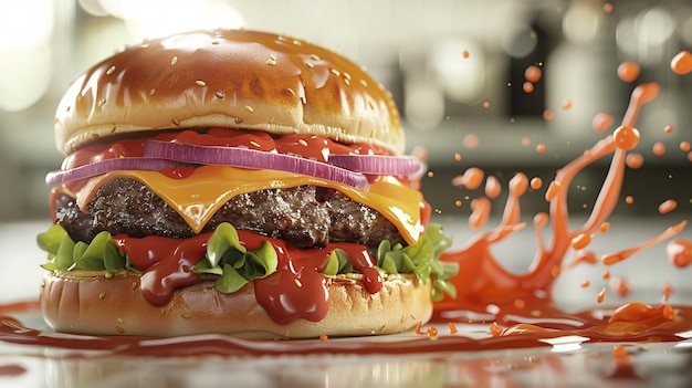 Cheeseburger featuring an array of savory ingredients with a tantalizing splash of sauce