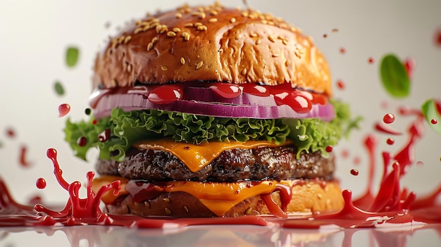 Cheeseburger featuring an array of savory ingredients with a tantalizing splash of sauce