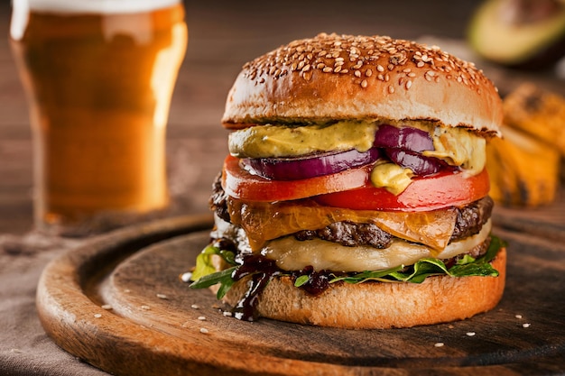 Cheeseburger gemaakt van roggebroodje met schijfje tomaat en gesmolten kaas op een rosbief en slablad op een houten tafel met een glas bier