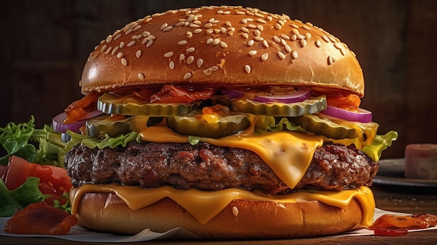 Cheeseburger including the type of bun meat patty cheese sauce and toppings generated ai image