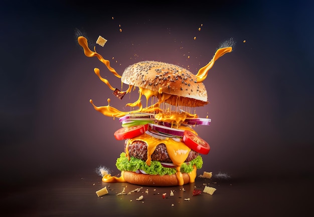 Cheeseburger ingredients falling down one by one assembling burger Generative AI