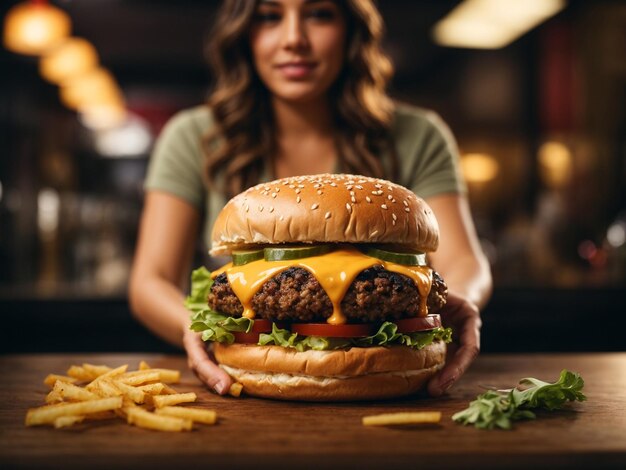 Foto cheeseburger met een vrouw in een restaurant