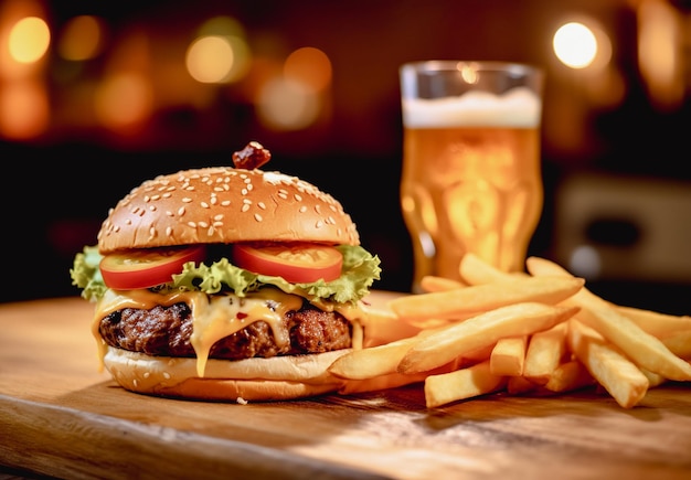 Cheeseburger met friet en een glas bier op een houten plank.