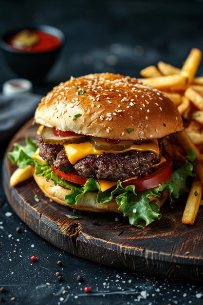 Cheeseburger met friet op een houten bord Generatieve AI