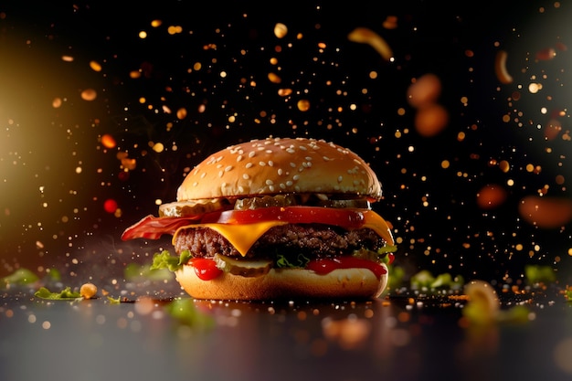 Cheeseburger met spek en groenten op een donkere achtergrond Explosie van smaken en texturen