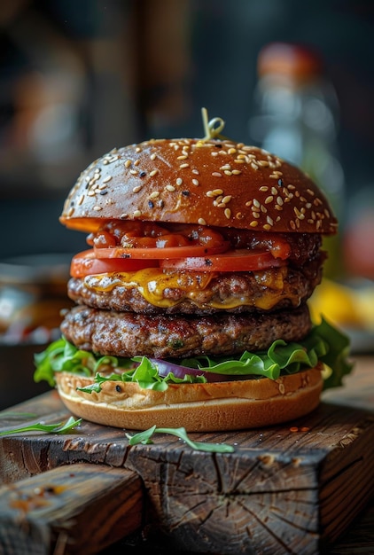 Cheeseburger met uien pepers en uien op snijplank