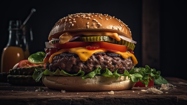 Cheeseburger op een houten bord met een onscherpe achtergrond