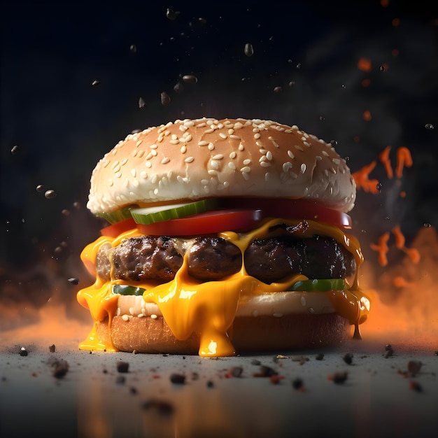 Cheeseburger op een zwarte achtergrond met rook en vlammen
