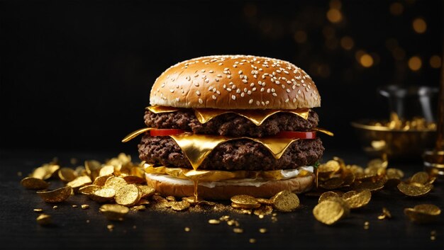 A cheeseburger surrounded by gold coins