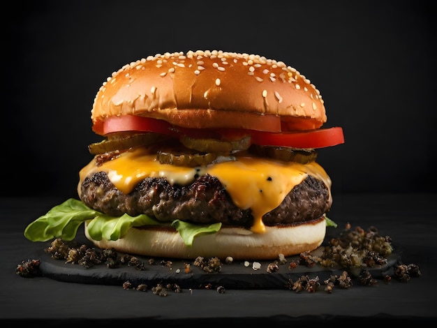 Foto tomato cheeseburger a sfondo scuro