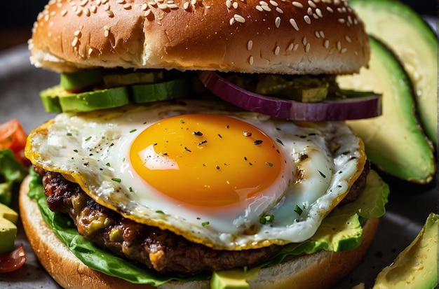 Cheeseburger topped with a fried egg and avocado slice