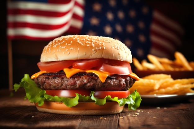 Cheeseburger with American flag on wooden background American cuisine