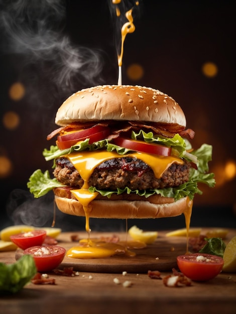 Cheeseburger with bacon and fries in studio lighting and background cinematic food photography
