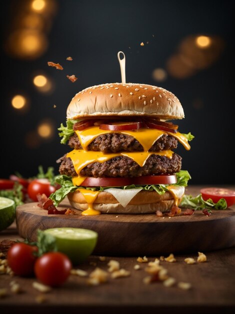 Cheeseburger with bacon and fries in studio lighting and background cinematic food photography