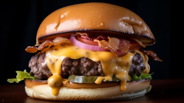 A cheeseburger with bacon and onions sits on a table.