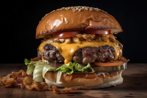 A cheeseburger with bacon and tomato on a wooden table