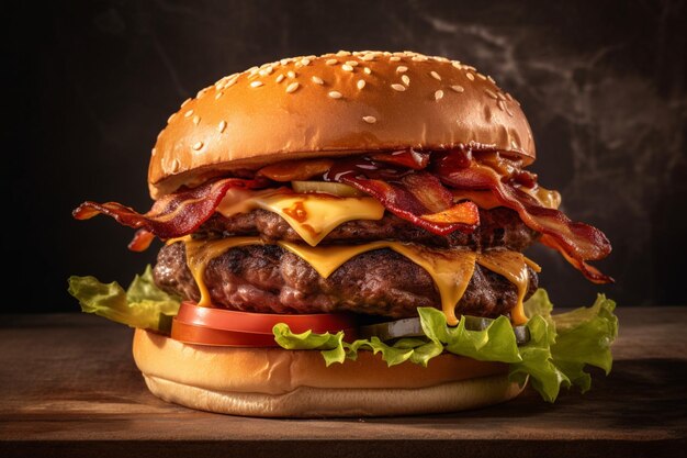 A cheeseburger with bacon and tomato on a wooden table.