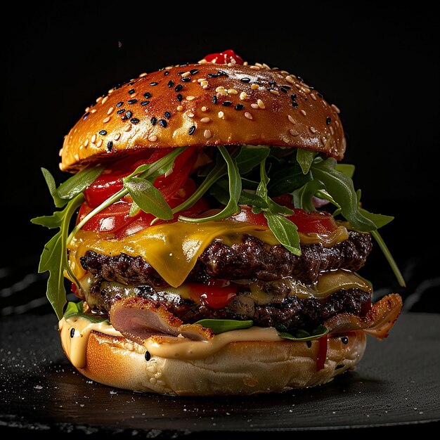 a cheeseburger with a black background and a black background