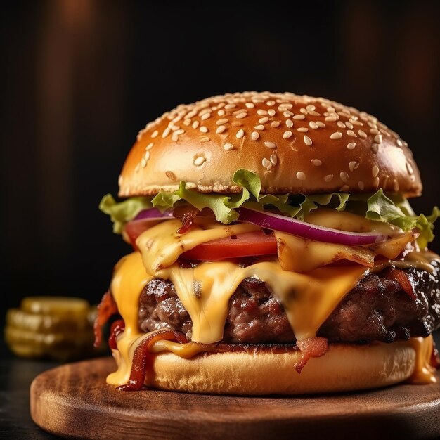 a cheeseburger with a black background and a black background.