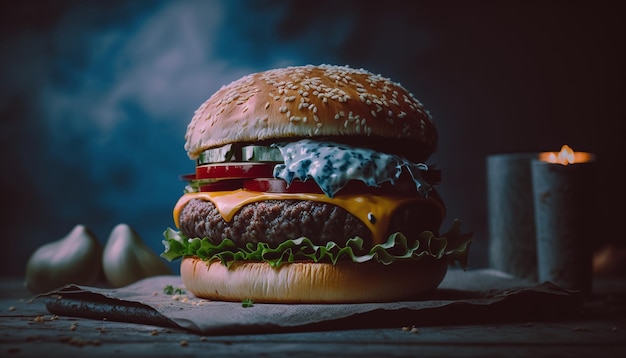 A cheeseburger with a blue background