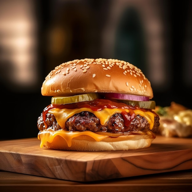 A cheeseburger with a bun and a side of fries on a wooden board.