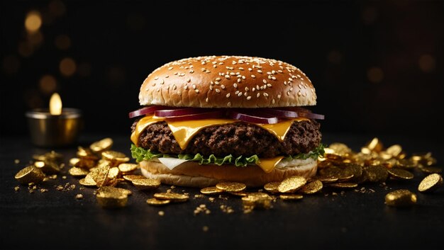 Cheeseburger with cheese lettuce tomato and onion in gold