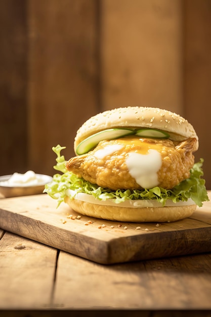 Photo cheeseburger with chicken on wooden table