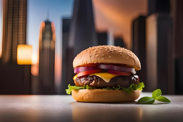 A cheeseburger with a city skyline in the background