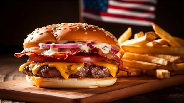 A cheeseburger with a flag behind it