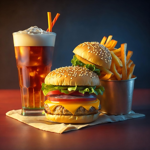 A cheeseburger with french fries and delicious milkshake