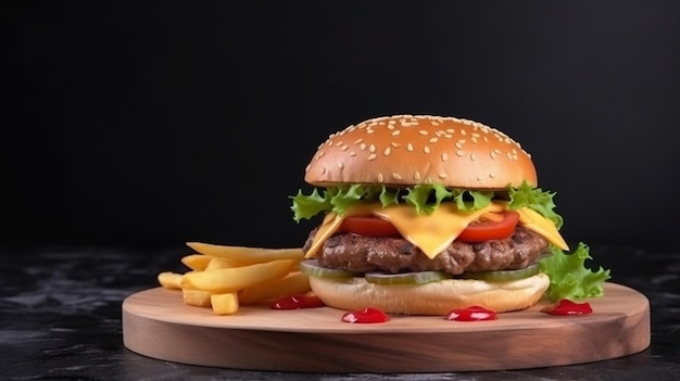 A cheeseburger with french fries on a wooden plate