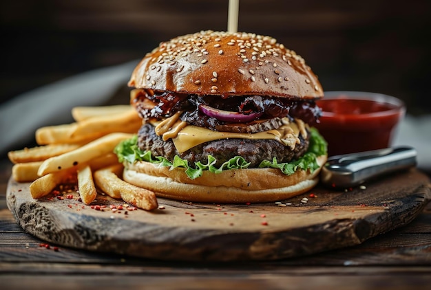 Cheeseburger With Fries Ketchup on Cutting Board Generative AI