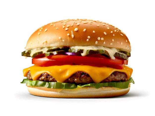 A cheeseburger with green lettuce on the top isolated on white background