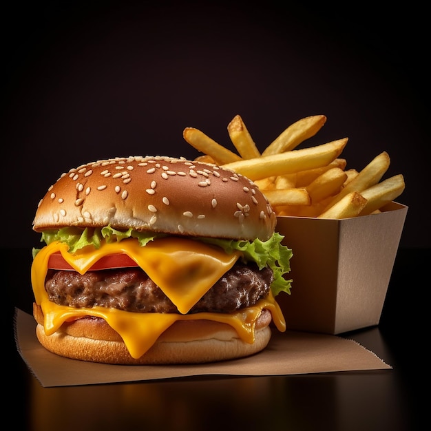 a cheeseburger with a hamburger and french fries in a box.