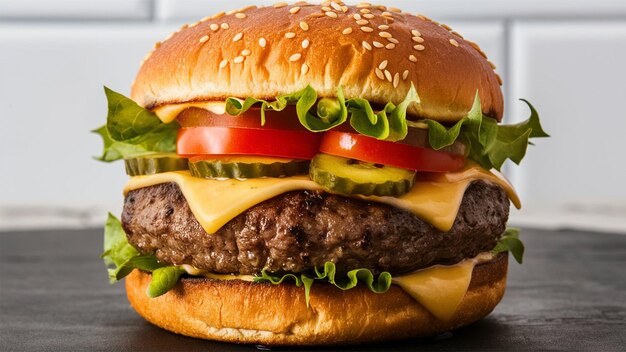 Photo a cheeseburger with a hamburger and a slice of tomato
