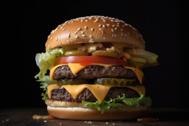 Cheeseburger with juicy beef patties two slices of melted American cheese lettuce tomato pickles and special sauce on a sesame seed bun generative AI