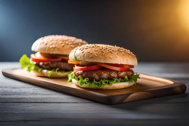 Cheeseburger with lettuce tomato and melted cheese on wooden board