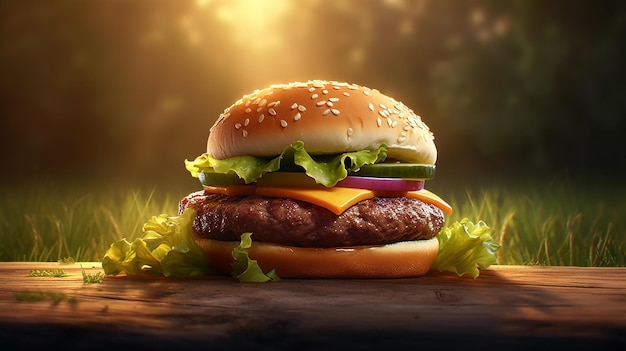 Чизбургер с салатом, помидорами и луком Бургер быстрого питания с сыром Generative AI
