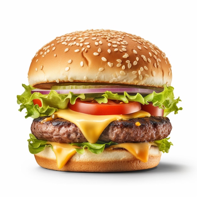 A cheeseburger with lettuce, tomato, and onion on it.