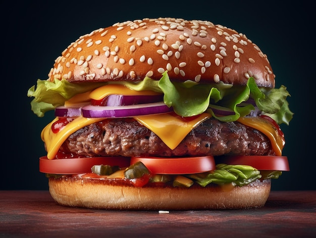 A cheeseburger with lettuce, tomato, and onion on a wooden table.