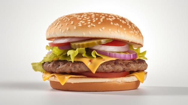 A cheeseburger with lettuce, tomato, and onions sits on a white surface.