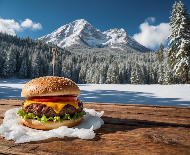 Foto un cheeseburger con una montagna sullo sfondo