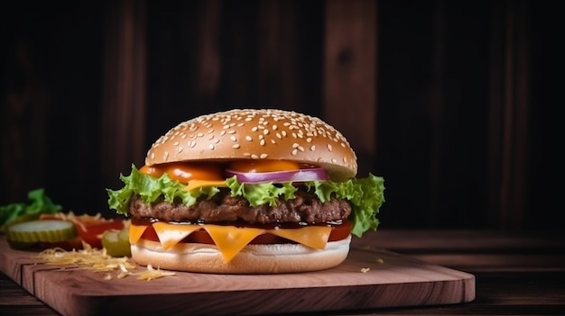 A cheeseburger with onions, cheese, and onions sits on a wooden board.