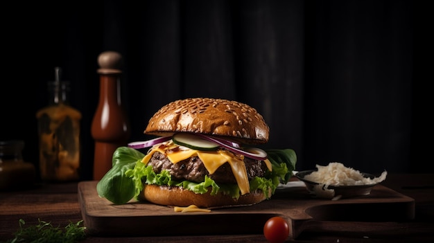 A cheeseburger with a side of cheese on it sits on a wooden board.