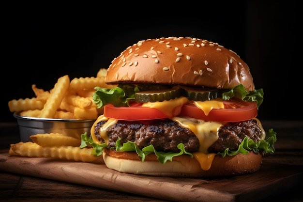 A cheeseburger with a side of fries on a table